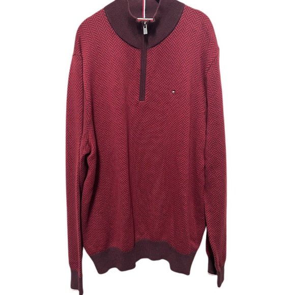 Tommy Hilfiger Mens Sweater 2XL Pullover Red Chevron 100% Cotton 1/4 Zip Vtg